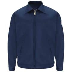 Navy blue flame resistant jacket with a collar and two front pockets.