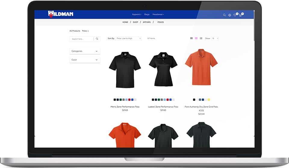 A laptop displays an online store page for branded company apparel polo shirts.