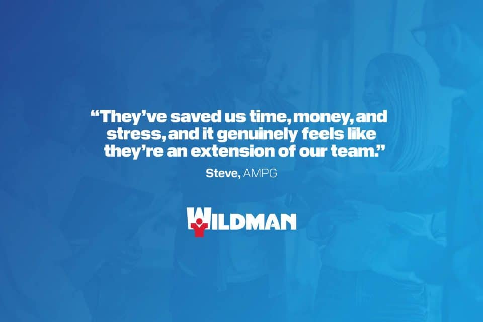 Testimonial quote about Wildman services with AMPG and a blurred group in back.