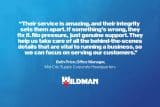 Quote about Wildmans service and integrity from a Mid-City Supply office manager on blue background.