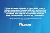 Testimonial about REAL Services: Wildman’s reliable, caring service on blue background.