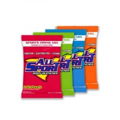 Four packets of All Sport sports drink mix in different flavors and colors.