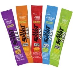 Five All Sport Zero sports drink mix sticks in assorted flavors, upright in a row.