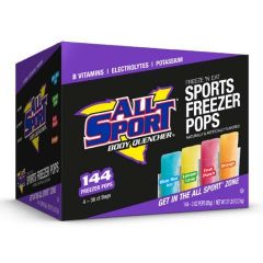 All Sport Sports Freezer Pops box with 144 assorted flavored pops shown.