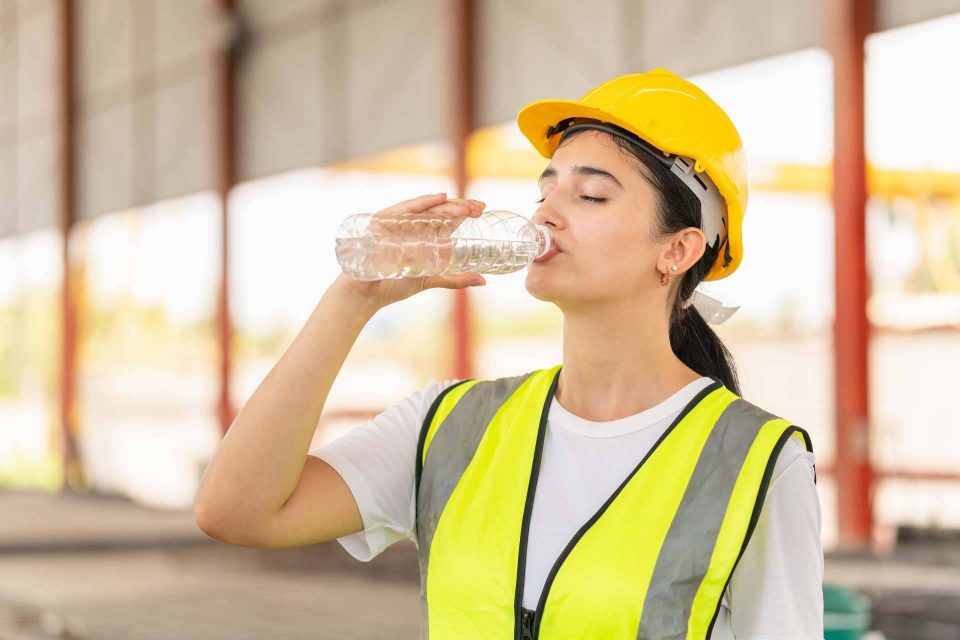 Woman in safety vest and hard hat drinking water at a construction site.